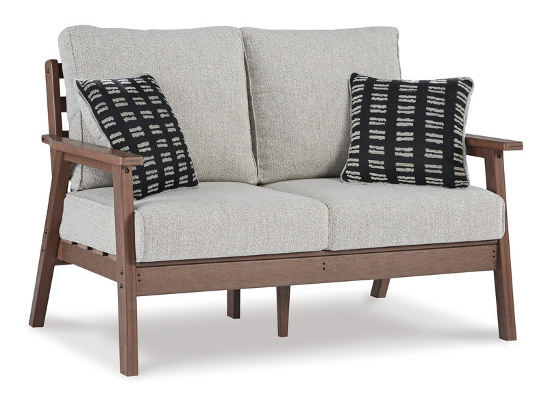 Emmeline Brown Beige Outdoor Sofa And Loveseat With Coffee Table