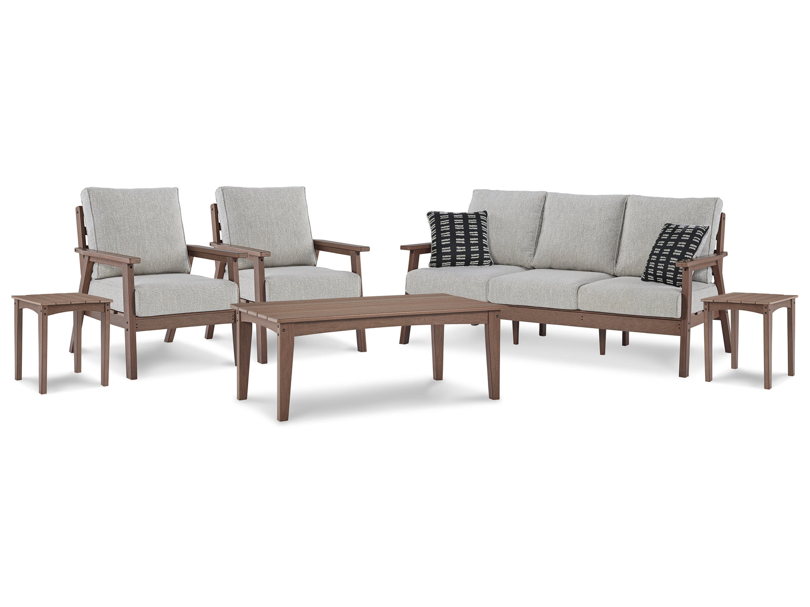 Emmeline Brown Beige Outdoor Sofa And 2 Lounge Chairs With Coffee Table End Tables