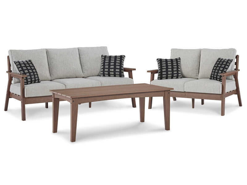 Emmeline Brown Beige Outdoor Sofa And Loveseat With Coffee Table