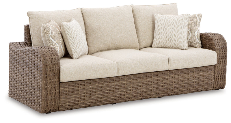 Sandy Beige Bloom Outdoor Sofa And Loveseat With Lounge Chair And Ottoman