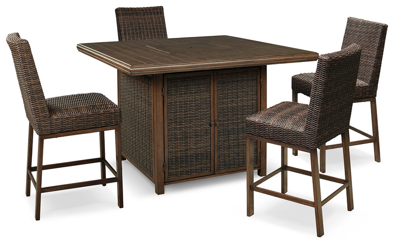 Paradise Trail Medium Brown Outdoor Counter Height Dining Table with 4 Barstools