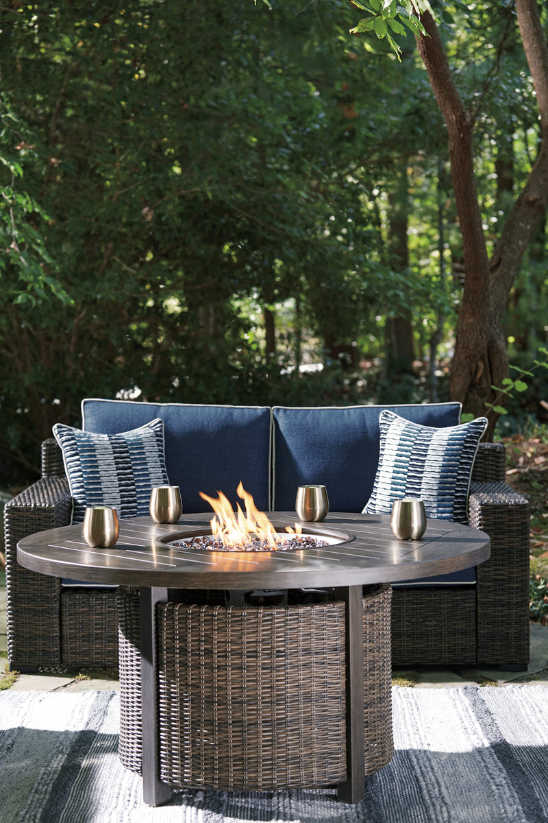 Grasson Brown Blue Lane Outdoor Loveseat With Fire Pit Table