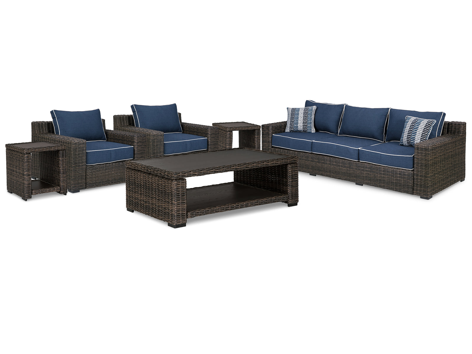 Grasson Brown Blue Lane Outdoor Sofa And 2 Lounge Chairs With Coffee Table End Tables