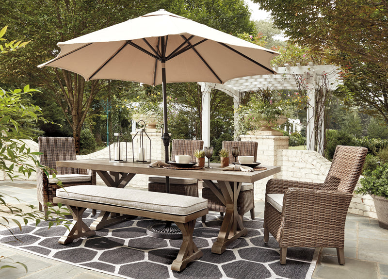 Beachcroft Beige Outdoor Dining Table And 4 Chairs Bench