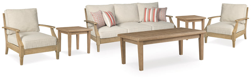 Clare Beige View Outdoor Sofa And 2 Lounge Chairs With Coffee Table End Tables