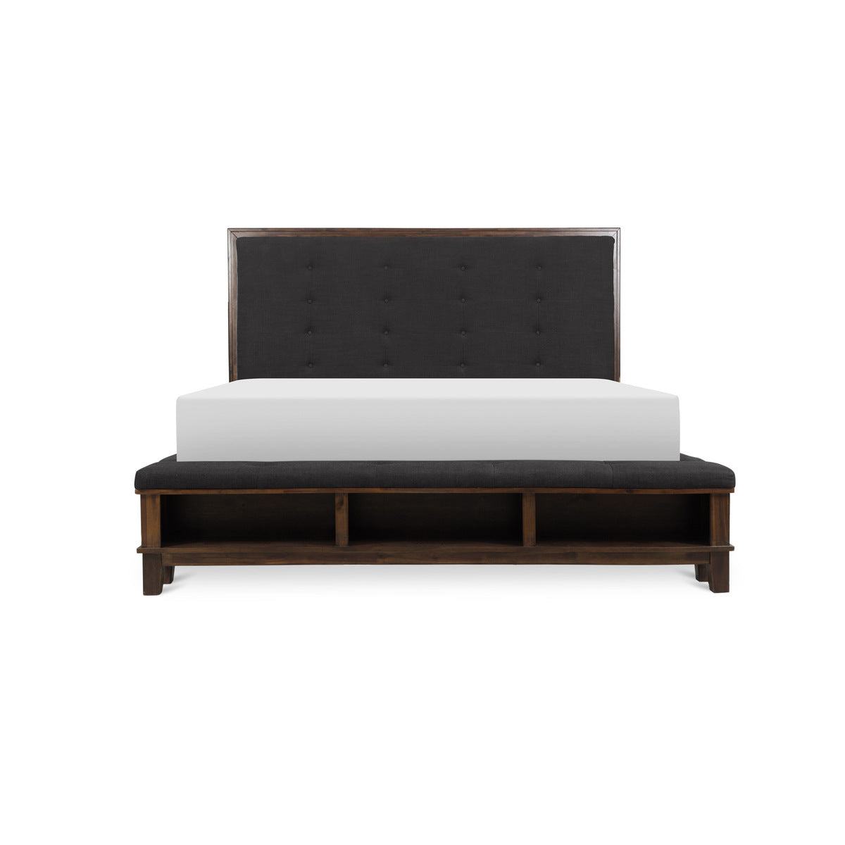 Brown Modern Contemporary Solid Wood Shelves Velvet Upholstered Tufted Queen Bed