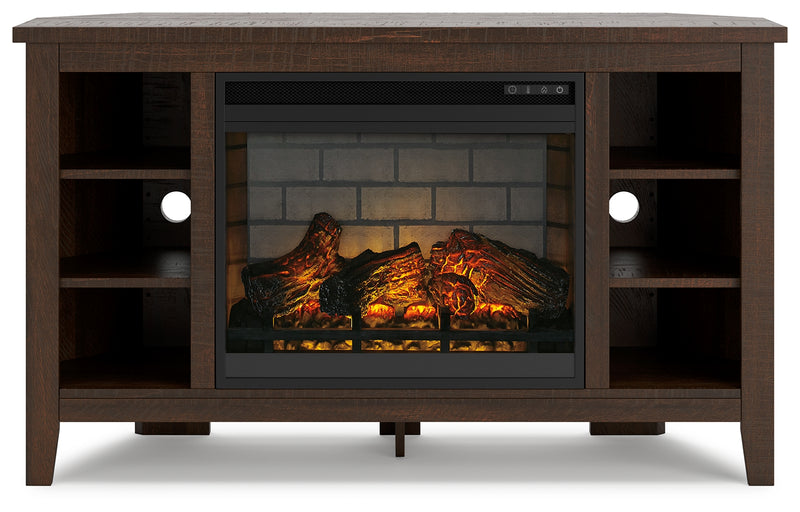 Camiburg Warm Brown Corner Tv Stand With Electric Fireplace