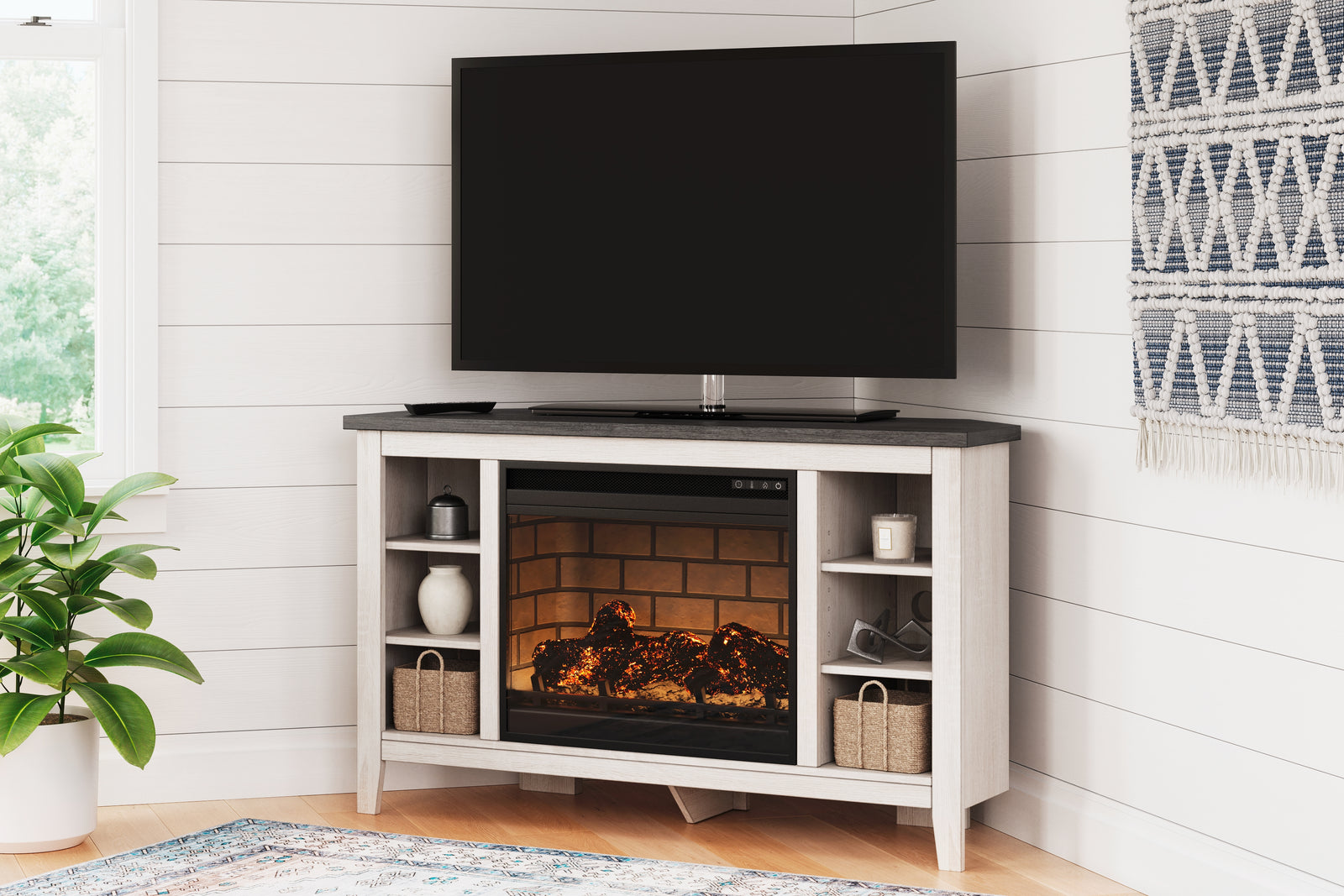 Dorrinson Two-Tone Corner Tv Stand With Electric Fireplace