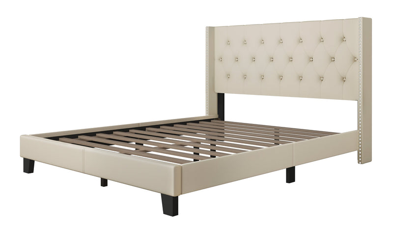 Beige Modern Solid Wood Thick Padded Linen Upholstered Tufted Platform Full Bed
