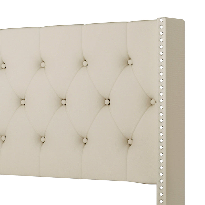 Beige Modern Solid Wood Thick Padded Linen Upholstered Tufted Platform King Bed