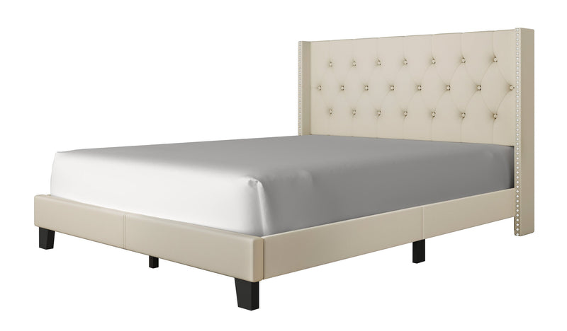 Beige Modern Solid Wood Thick Padded Linen Upholstered Tufted Platform Full Bed