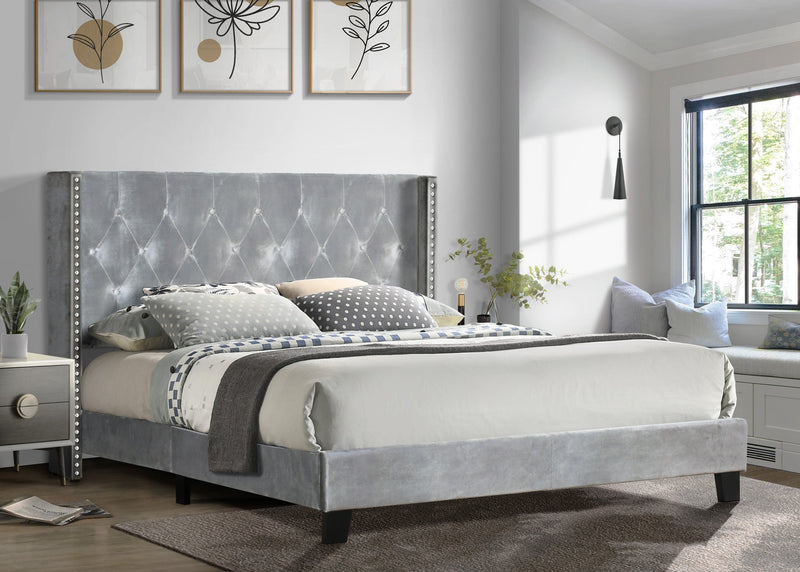 Silver Modern Contemporary Solid Wood Velvet Upholstered Tufted Platform King Bed