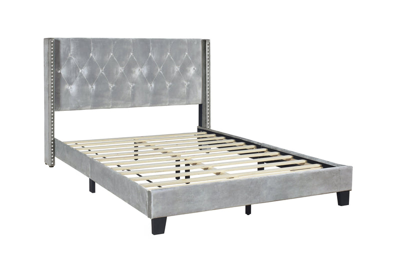 Silver Modern Contemporary Solid Wood Velvet Upholstered Tufted Platform Queen Bed