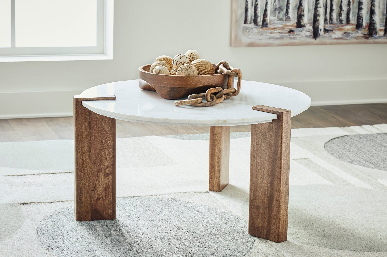 White & Brown Modern Marble Top Solid Wood and Veneers Coffee Table