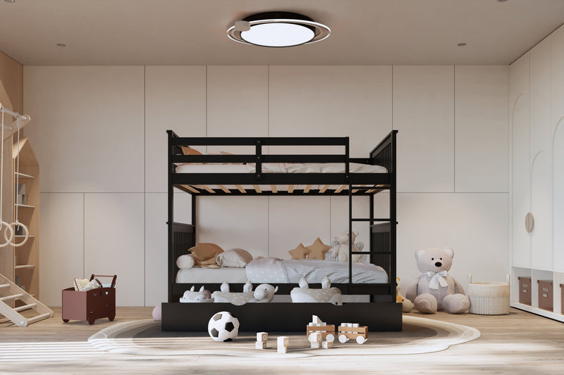Black Modern Solid Wood And Veneers Trundle Twin Over Twin Bunk Beds