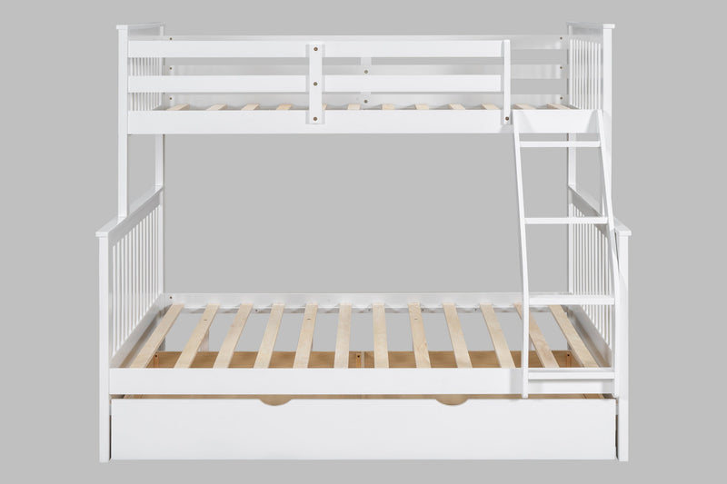 White Modern Solid Wood Twin Over Full Trundle Bunk Beds