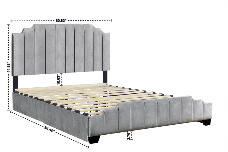 Gray Modern Contemporary Solid Wood Velvet Upholstered Platform Queen Bed