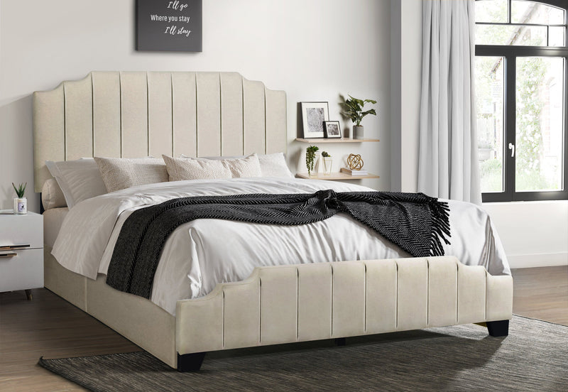 Beige Modern Contemporary Solid Wood Velvet Upholstered Platform Queen Bed