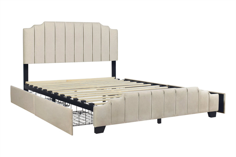 Beige Modern Contemporary Solid Wood Velvet Upholstered Platform King Bed
