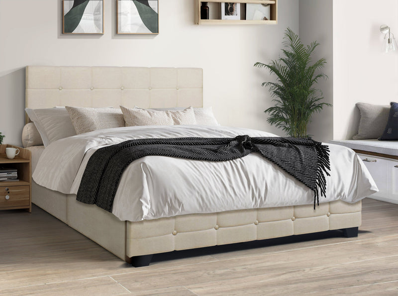 Beige Modern Contemporary Solid Wood Linen Upholstered Tufted Platform King Bed