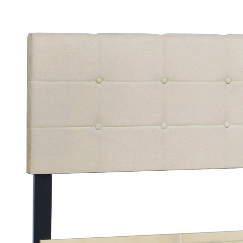 Beige Modern Contemporary Solid Wood Linen Upholstered Tufted Platform Queen Bed