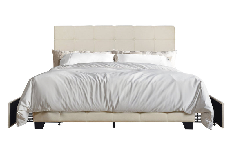 Beige Modern Contemporary Solid Wood Linen Upholstered Tufted Platform King Bed