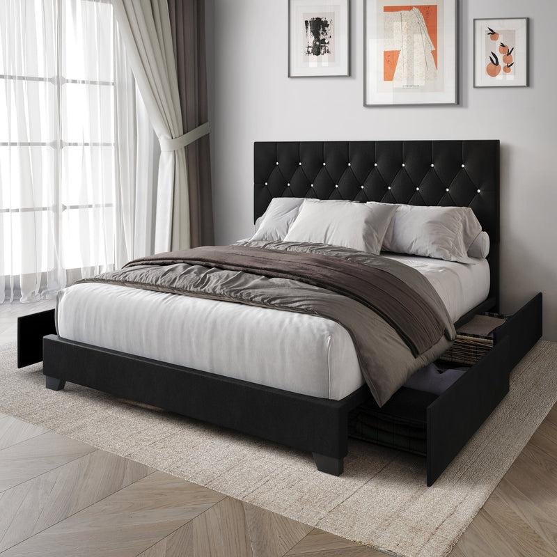 Black Modern Contemporary Solid Wood Velvet Upholstered Tufted Platform Queen Bed