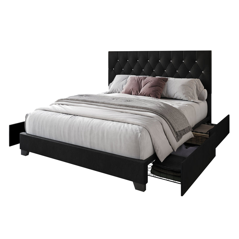 Black Modern Contemporary Solid Wood Velvet Upholstered Tufted Platform King Bed