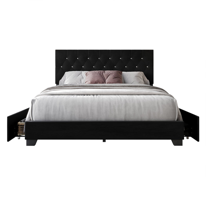 Black Modern Contemporary Solid Wood Velvet Upholstered Tufted Platform Queen Bed