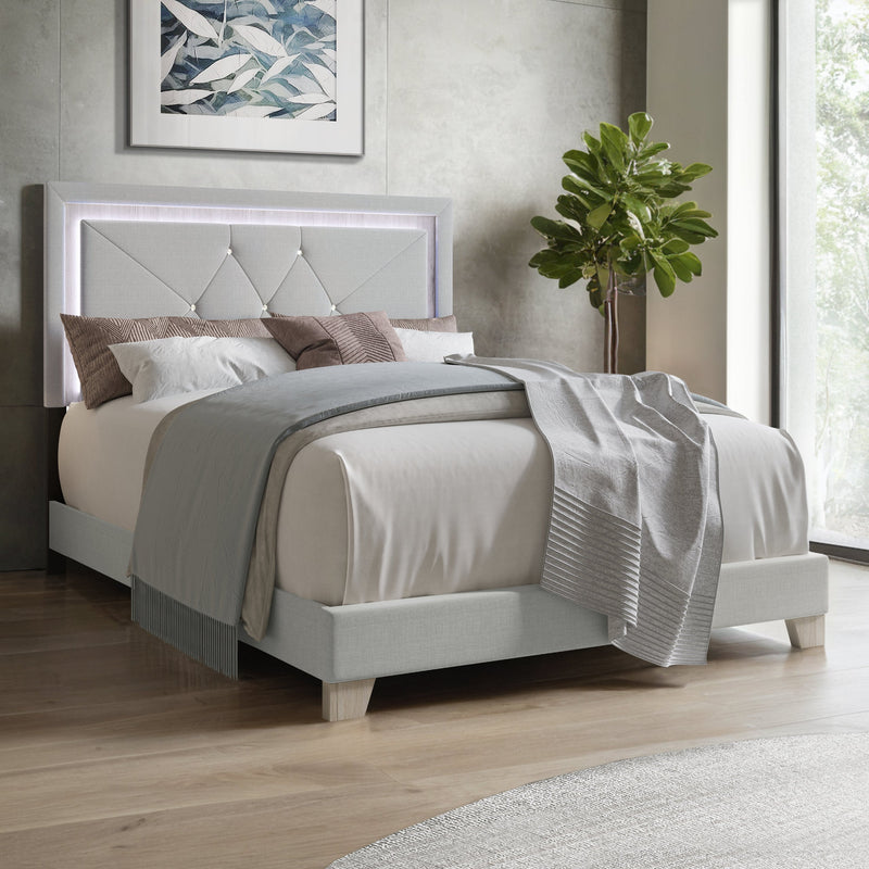 Silver Velvet Upholstered Tufted LED Platform King Bed