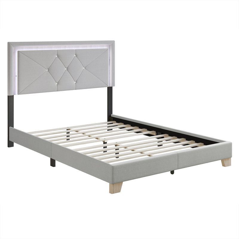 Silver Velvet Upholstered Tufted LED Platform Full Bed