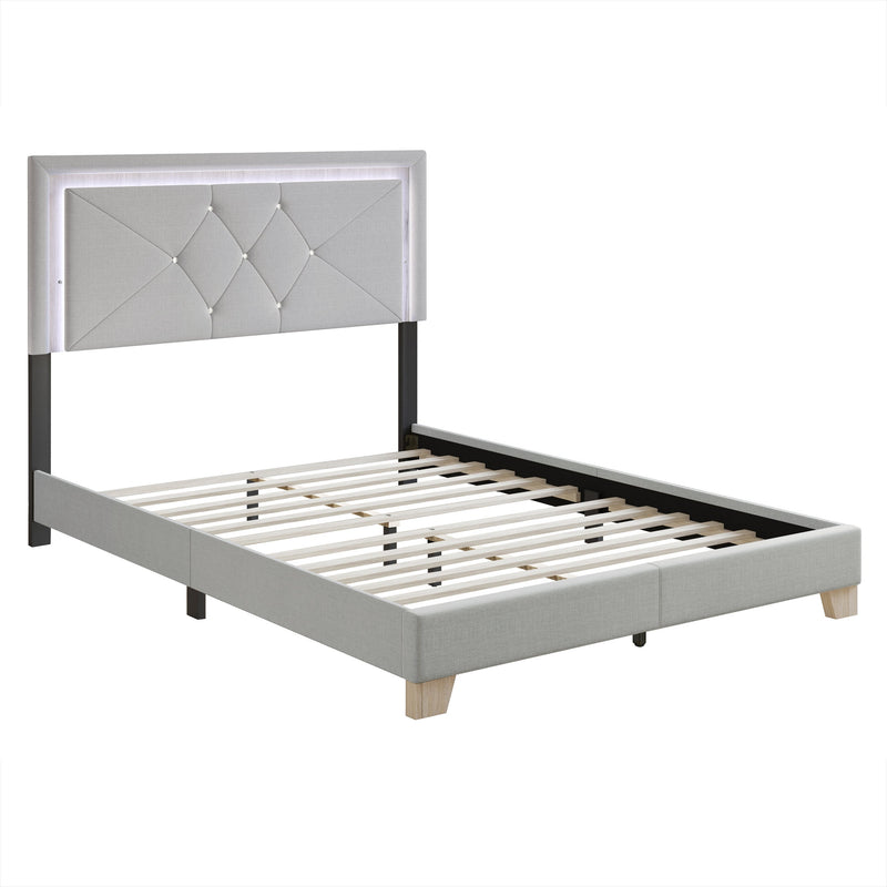 Silver Modern Contemporary Solid Wood Velvet Upholstered Tufted LED Platform Queen Bed