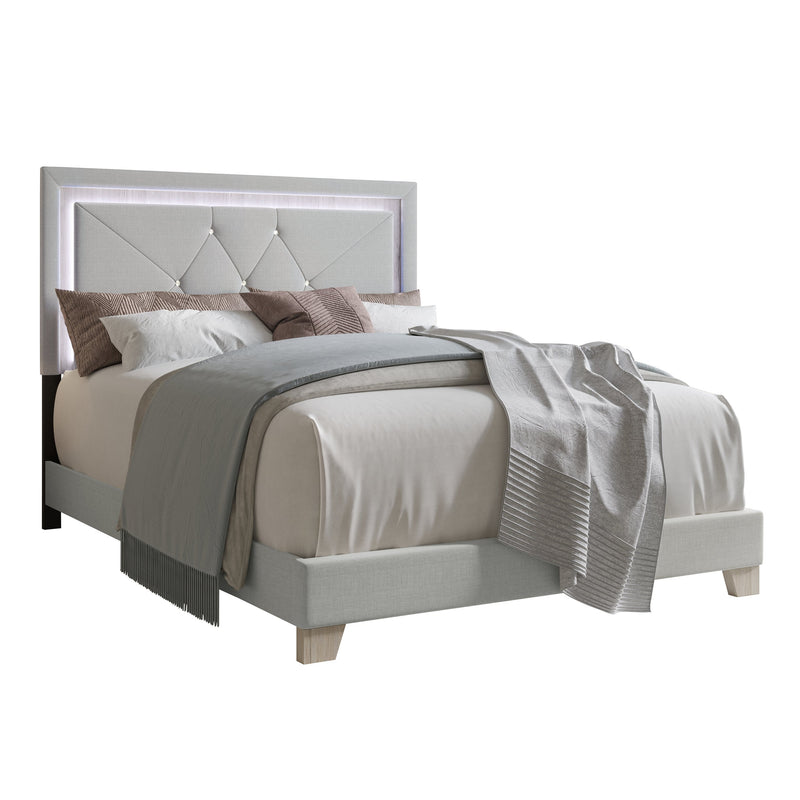 Silver Modern Contemporary Solid Wood Velvet Upholstered Tufted LED Platform King Bed