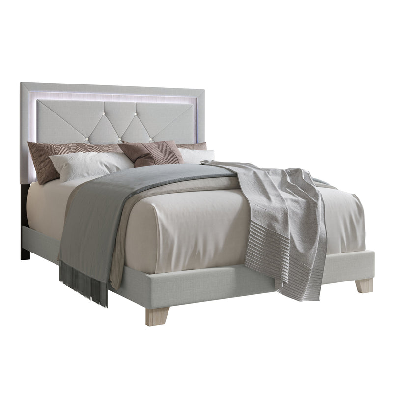 Silver Velvet Upholstered Tufted LED Platform King Bed