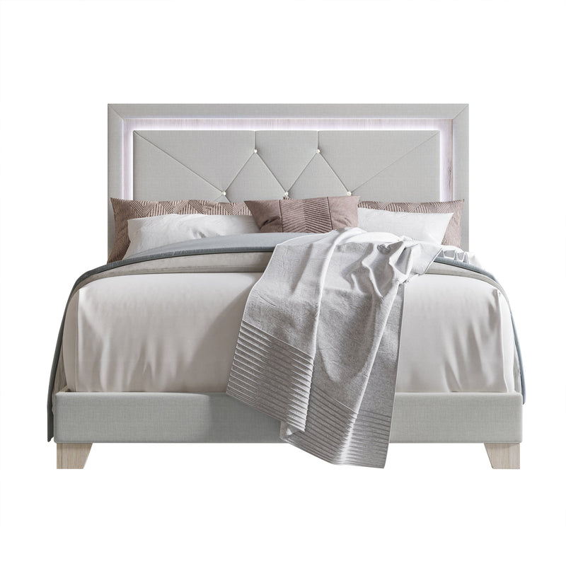 Silver Modern Contemporary Solid Wood Velvet Upholstered Tufted LED Platform King Bed