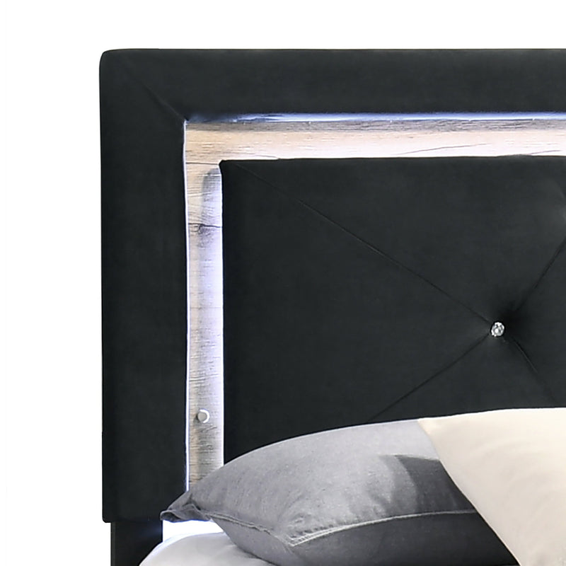 Black Modern Contemporary Solid Wood Velvet Upholstered Tufted LED Platform Twin Bed