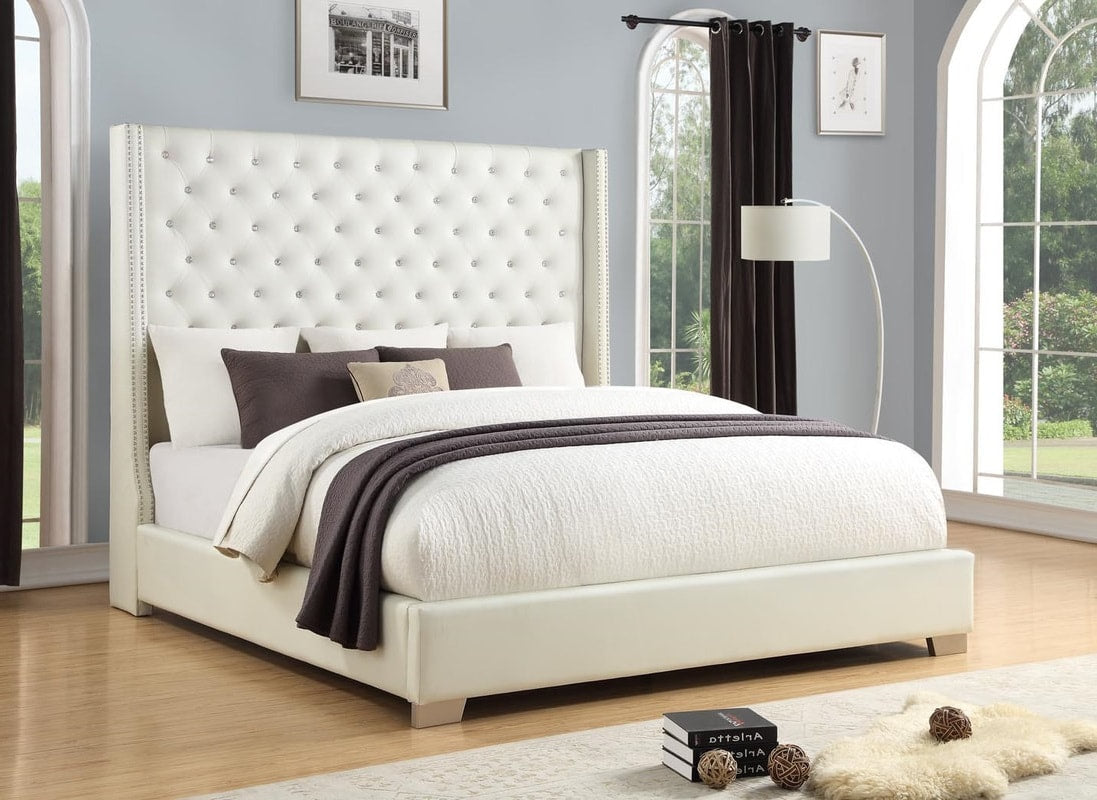 White Modern Contemporary Solid Wood Faux Leather Upholstered Tufted 6Ft Diamond King Bed
