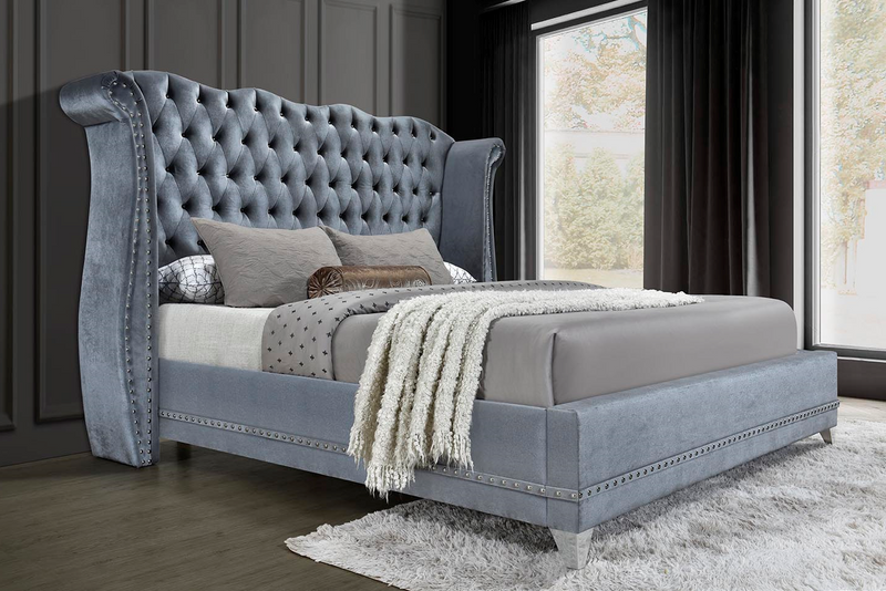 Luxor Grey Velvet Upholstered Tufted Diamond Platform Queen Bed