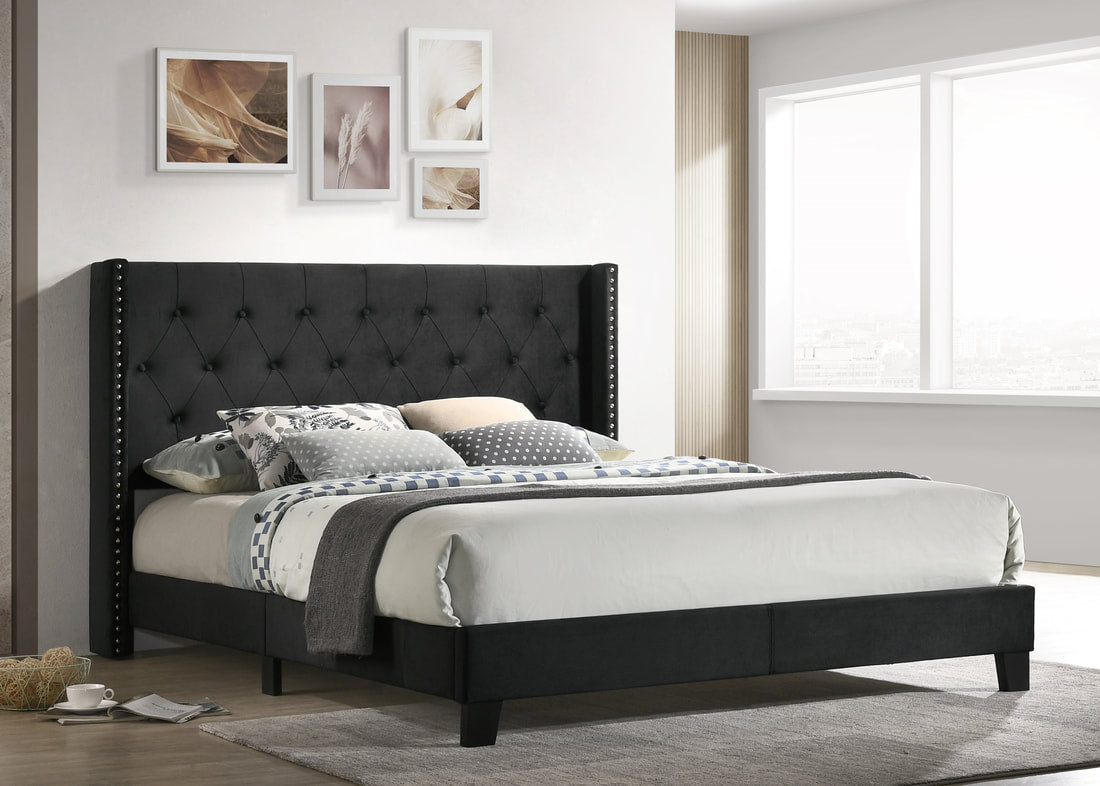 Black Modern Contemporary Solid Wood Velvet Upholstered Tufted Platform Twin Bed