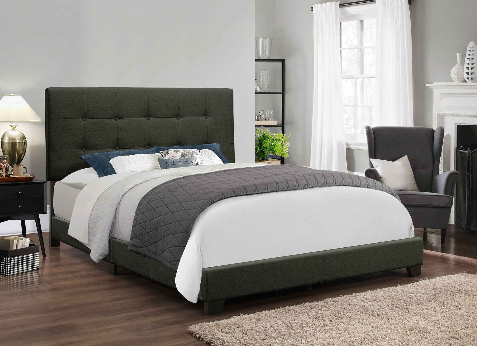 Charcoal Fabric Upholstered Tufted Queen Bed