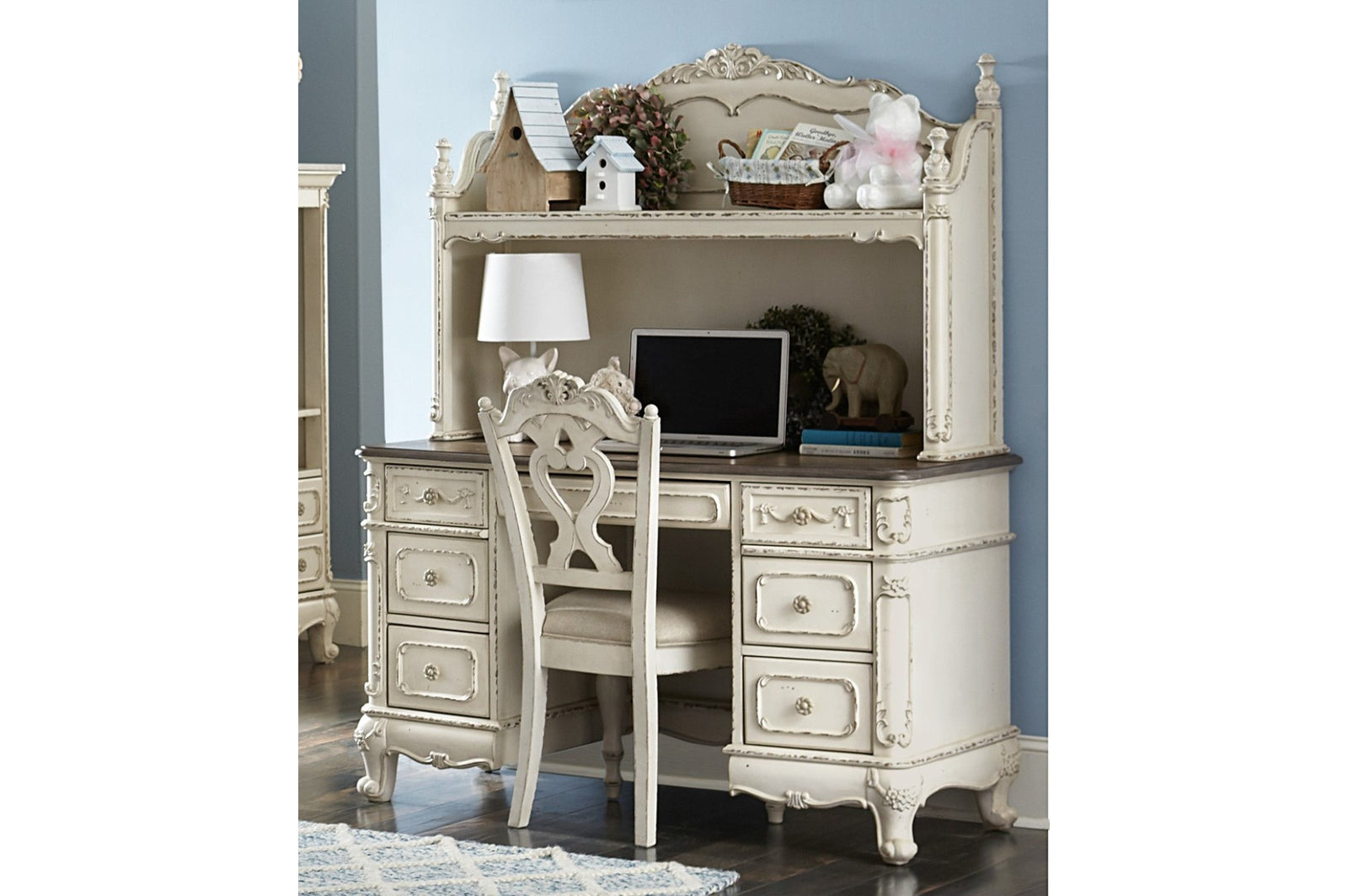 Cinderella Gray Modern Traditional Solid Wood Floral Motif Writing Desk With Hutch