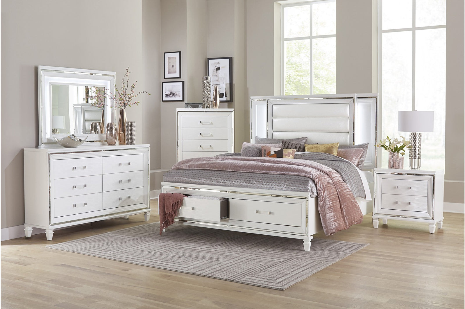 Tamsin White Contemporary Solid Wood Faux Leather Upholstered LED Storage Platform Bedroom Set