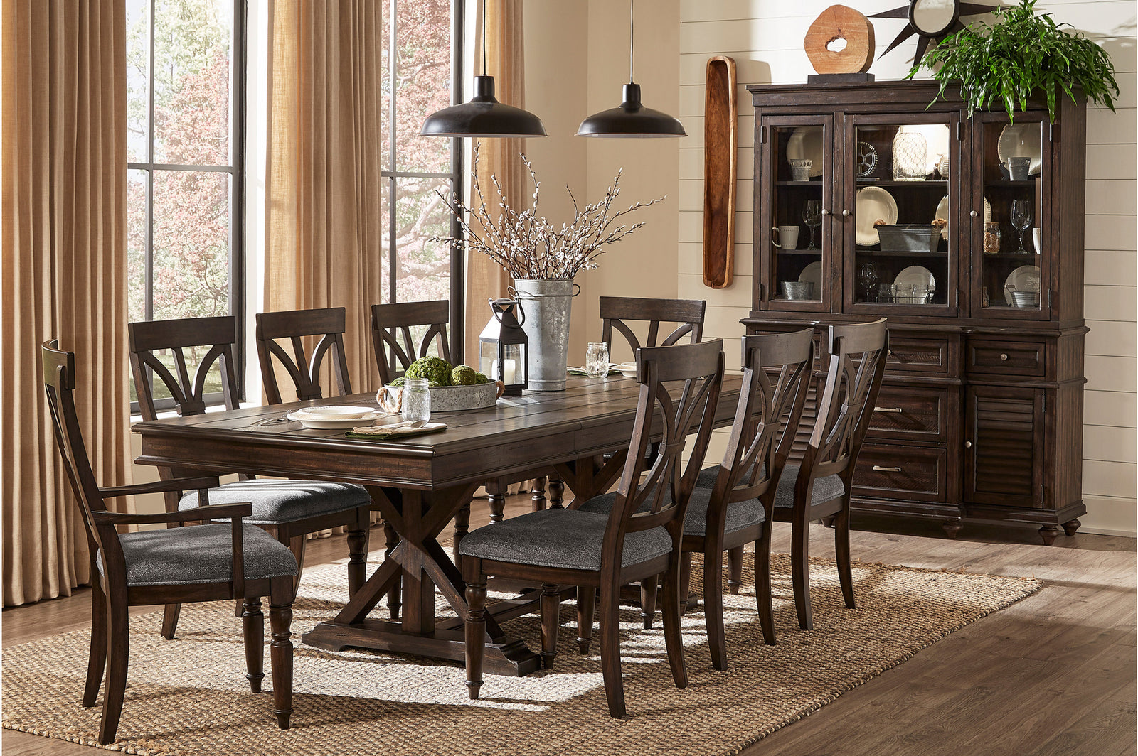 Cardano Charcoal Traditional Solid Wood Fabric Upholstery Seat Rectangular Dining Room Set
