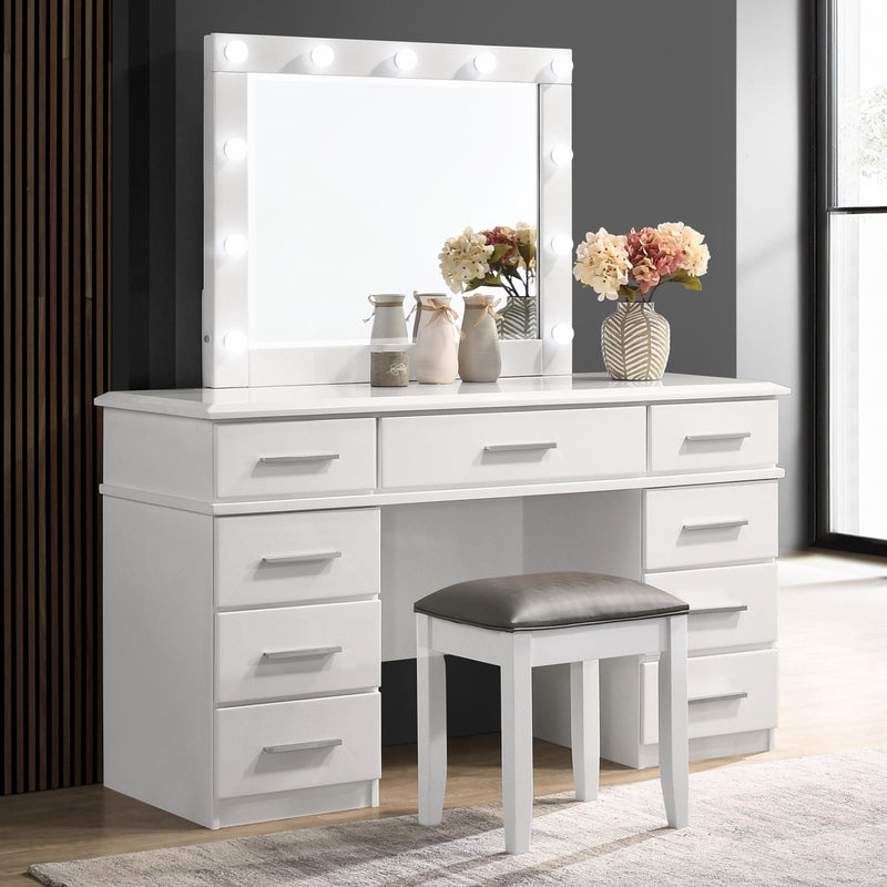 Felicity 9 Drawer Vanity Desk With Lighted Mirror Glossy White