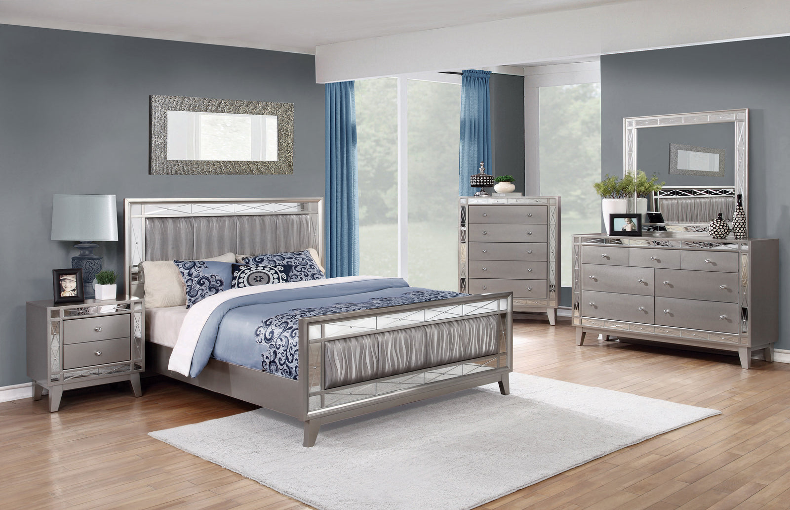 Leighton King Panel Bed With Mirrored Accents Mercury Metallic