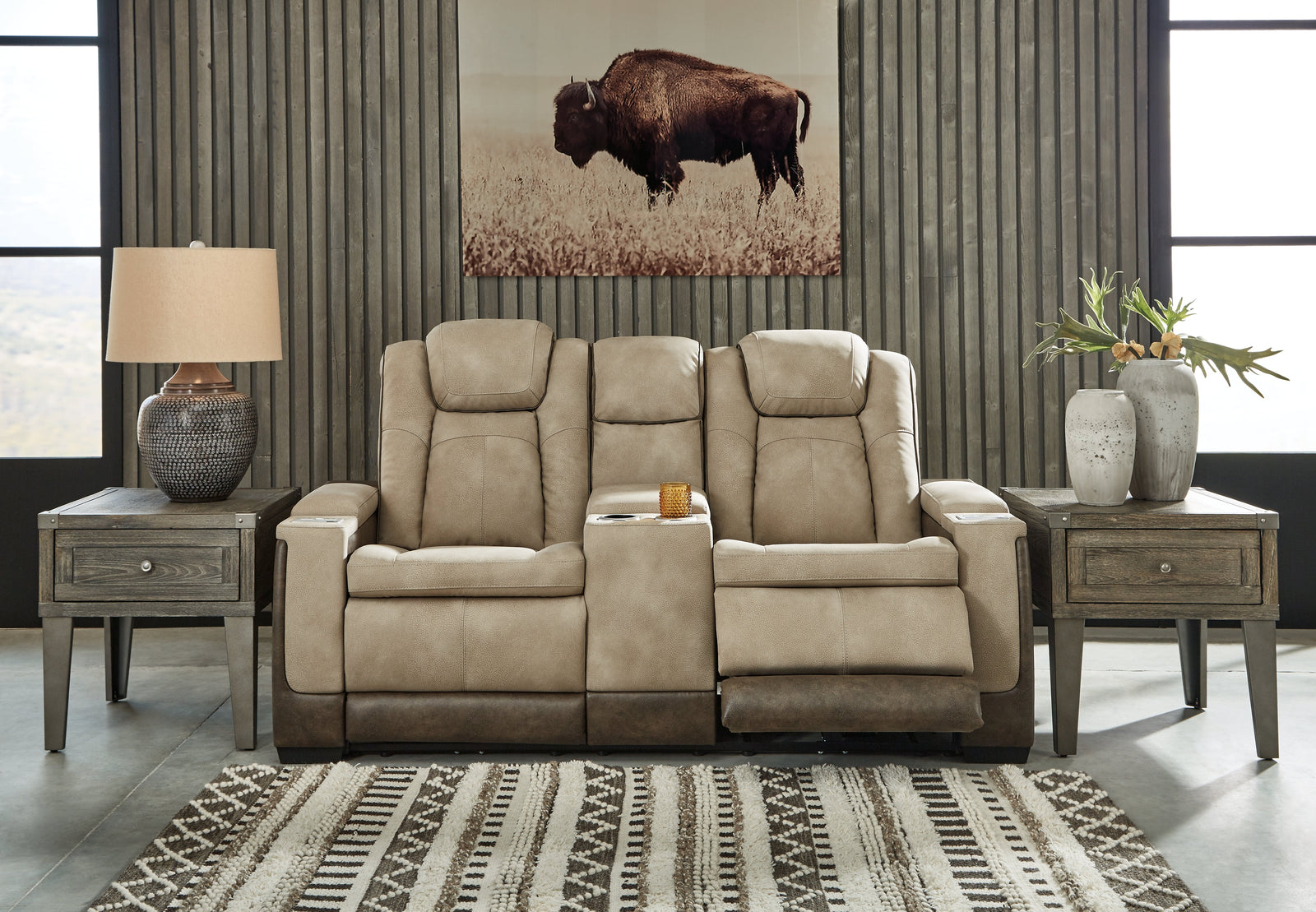 Next-Gen Durapella Sand Faux Leather Power Reclining Loveseat With Console