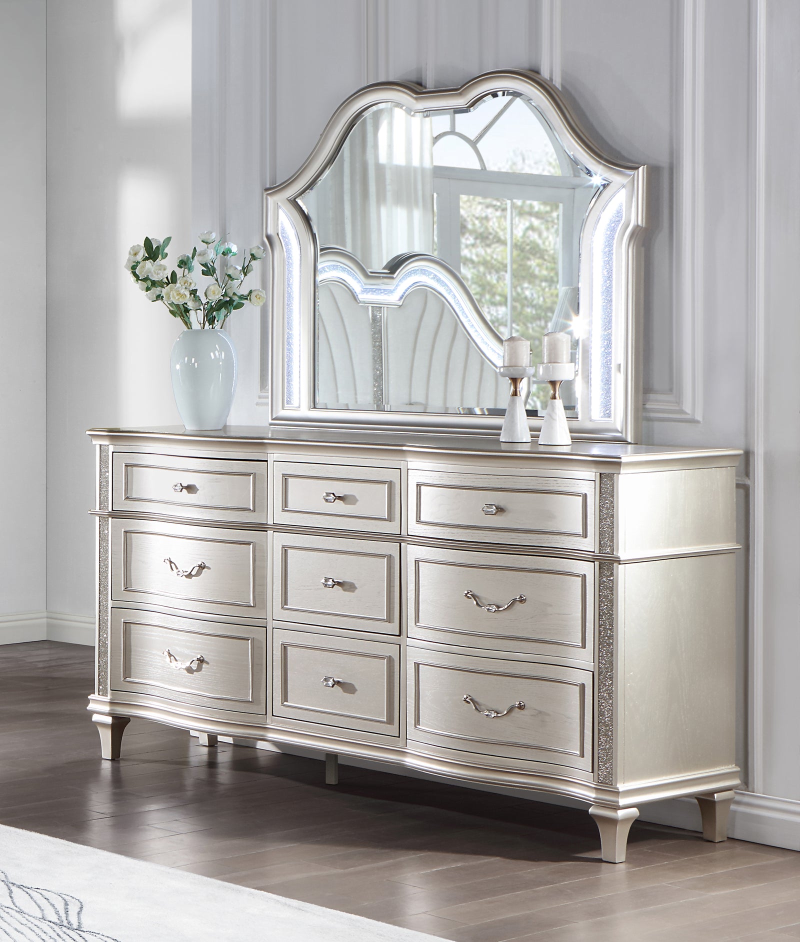 Evangeline Camel Top Dresser Mirror Silver Oak