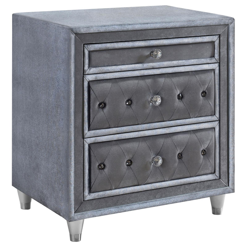 Antonella Upholstered 3-Drawer Nightstand Grey