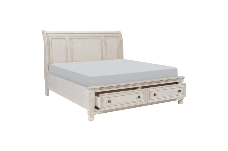 Bethel Antique White Modern Classic Transitional Solid Wood Sleigh Storage Bedroom Set