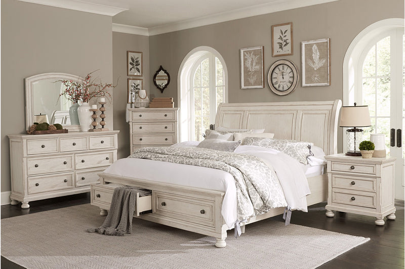 Bethel Antique White Modern Classic Transitional Solid Wood Sleigh Storage Bedroom Set